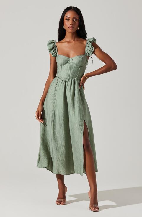 ASTR The Label Dresses & Skirts - ASTR the Label Wedelia Bustier Midi Dress Sage Green Slit Milkmaid Peasant Med